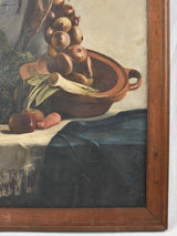 Large antique still life painting with copper, onions cabbage 44" x 37""