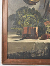 Large antique still life painting with copper, onions cabbage 44" x 37""