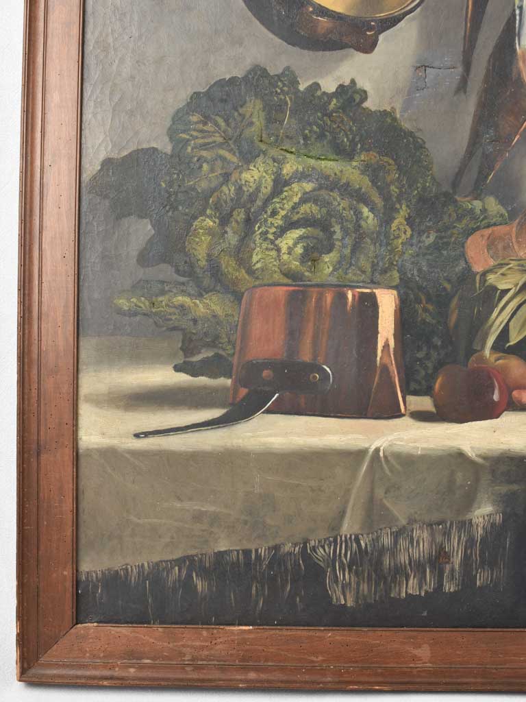 Large antique still life painting with copper, onions cabbage 44" x 37""