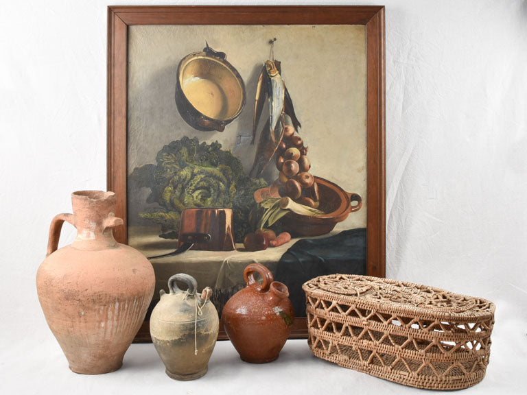 Large antique still life painting with copper, onions cabbage 44" x 37""