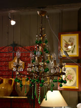 Vintage French gilded chandelier with green glass drops