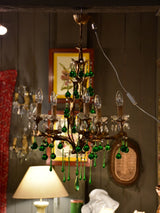 Vintage French gilded chandelier with green glass drops
