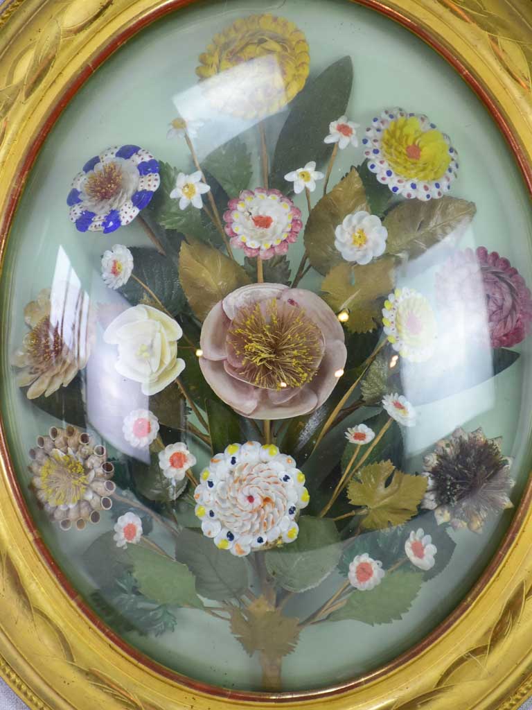 Napoleon III wedding shell bouquet in gilt oval frame with convex glass 20½" x 17¼"