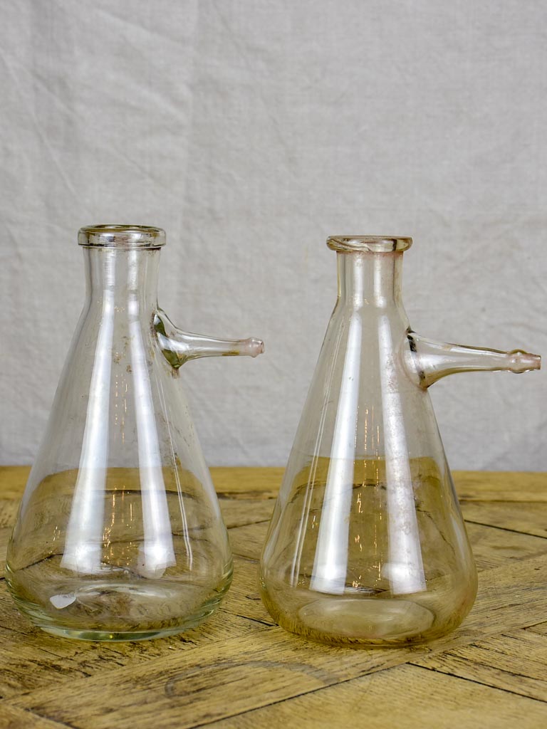 Pair of vintage flasks from a laboratory with spouts 7½"