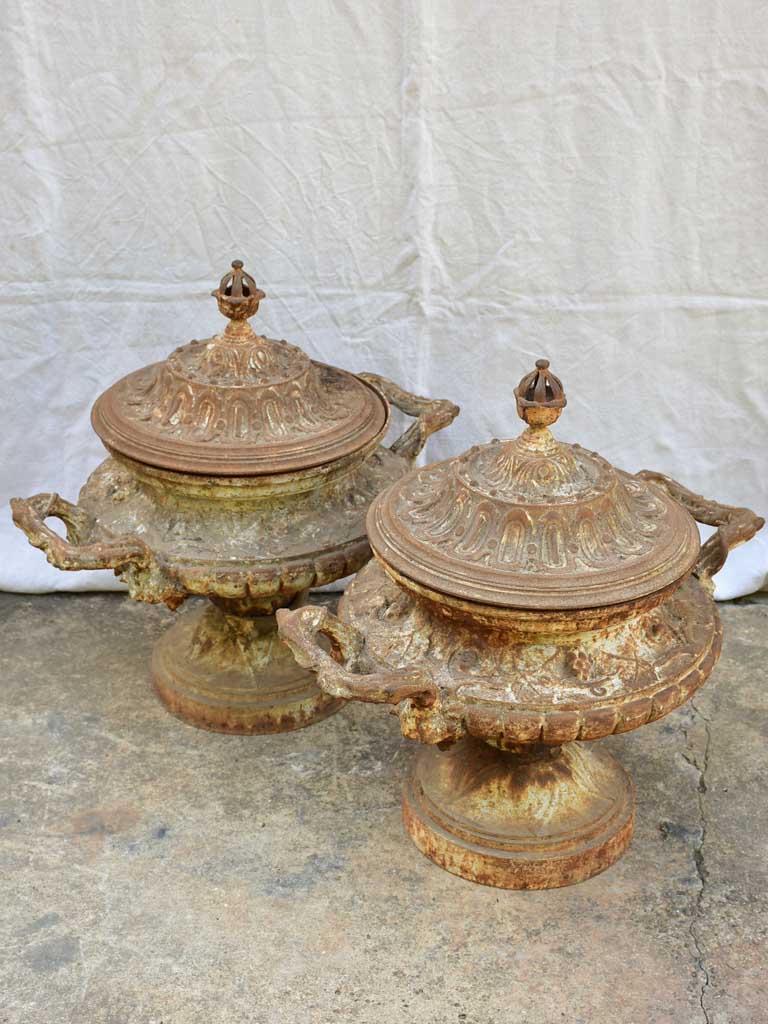 Rare pair 19th Century cast iron urns signed Corneau Alfred Charleville 27½"