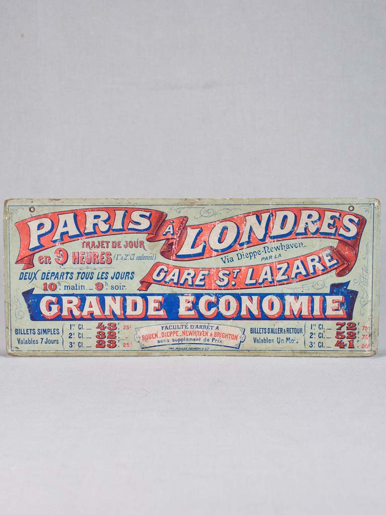 Early 20th-century train ticket sign - Paris to London 7" x 16½"