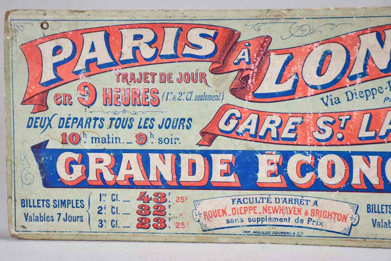 Early 20th-century train ticket sign - Paris to London 7" x 16½"