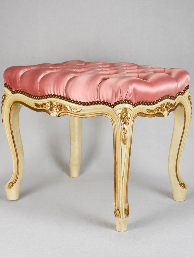 Louis XV style footrest with tufted pink upholstery
