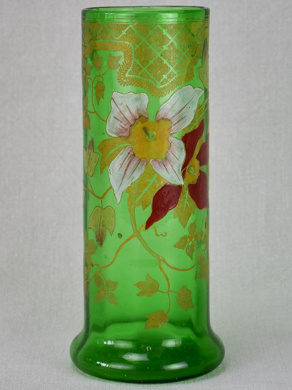Vintage hand-painted green glass vase