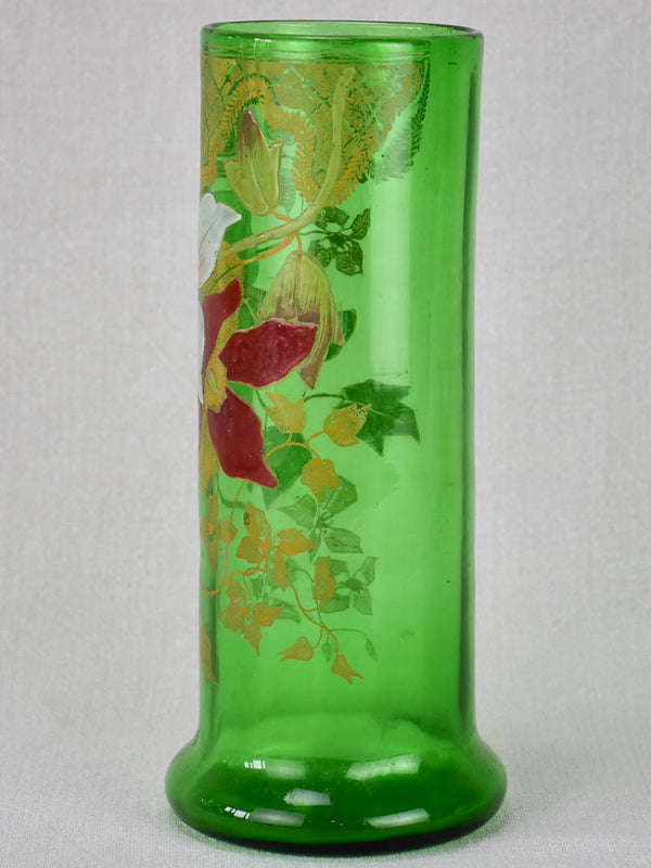 Early 1900's floral green glass vase
