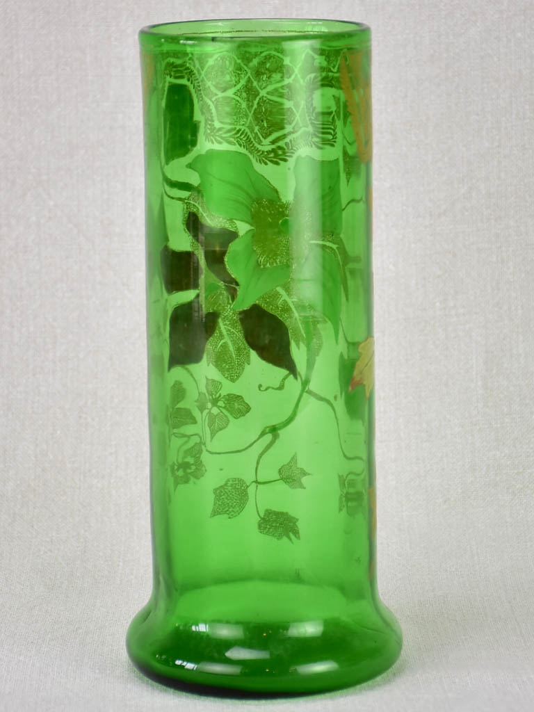 Antique hand-embellished green glass vase