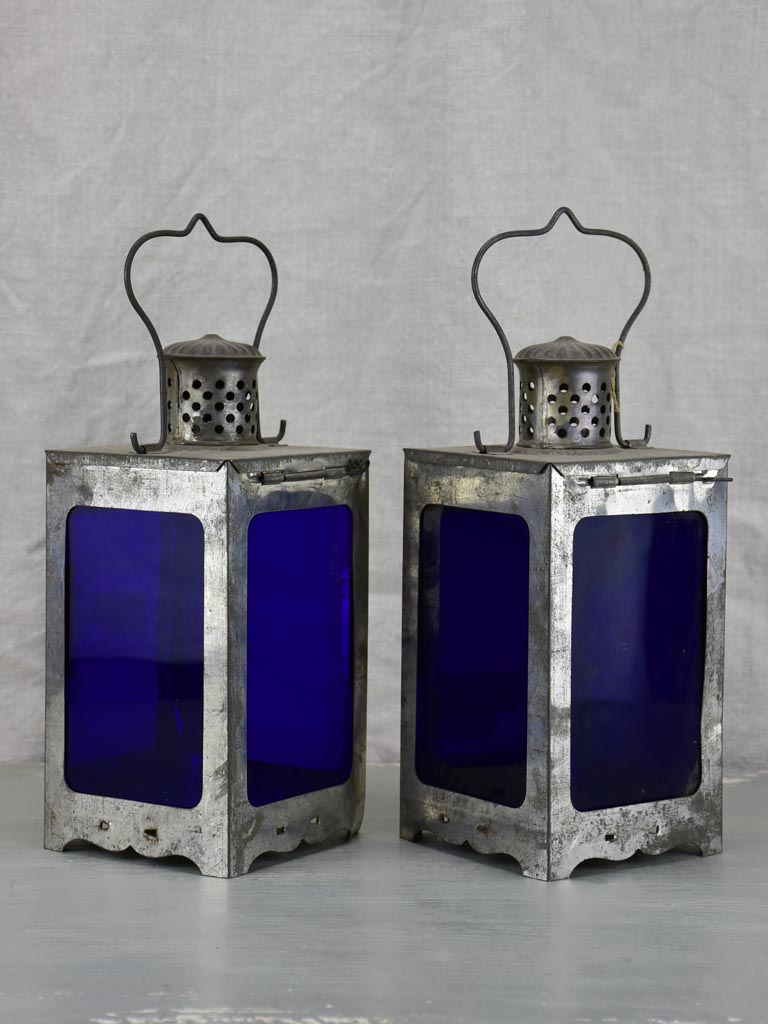Pair of cobalt blue candle lanters