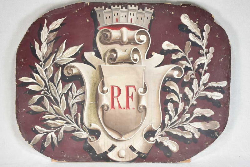 Antique French mayor's coat of arms flag holder - RF Republique Francaise 39¾" x 28¾"