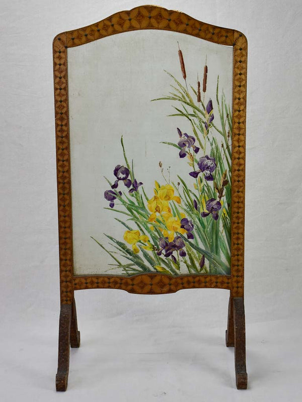 Early-20th-century French fireplace screen - marquetry and glass with iris 40½"