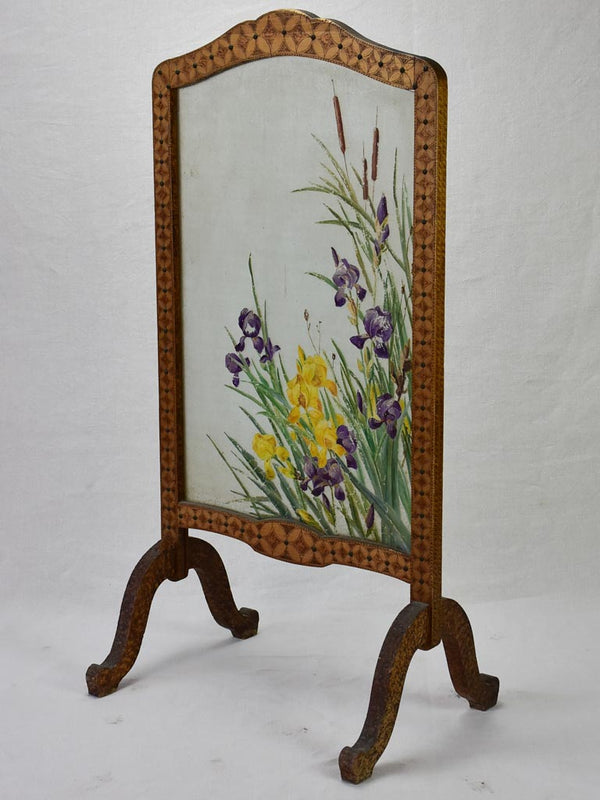 Early-20th-century French fireplace screen - marquetry and glass with iris 40½"