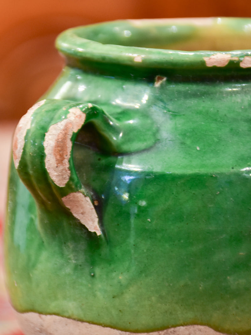 Petite antique French confit pot with green glaze
