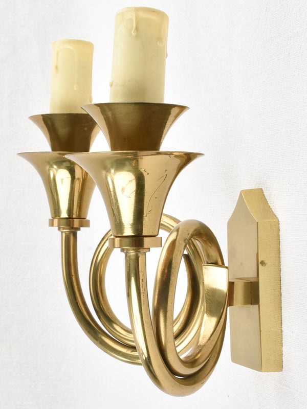 Vintage 2-light wall sconces - brass 'horn' 8"