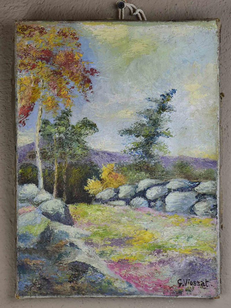Small antique French painting of the fall countryside 21 ¼'' x 13”