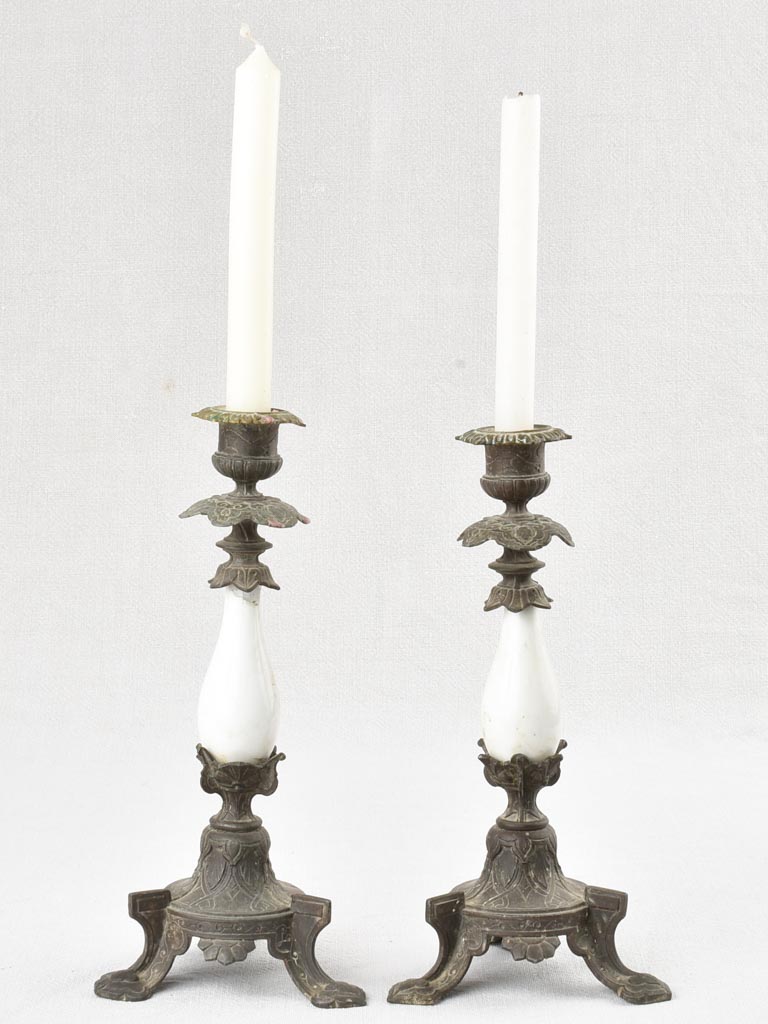 Pair of Napoleon III metal & porcelain candlesticks 11"
