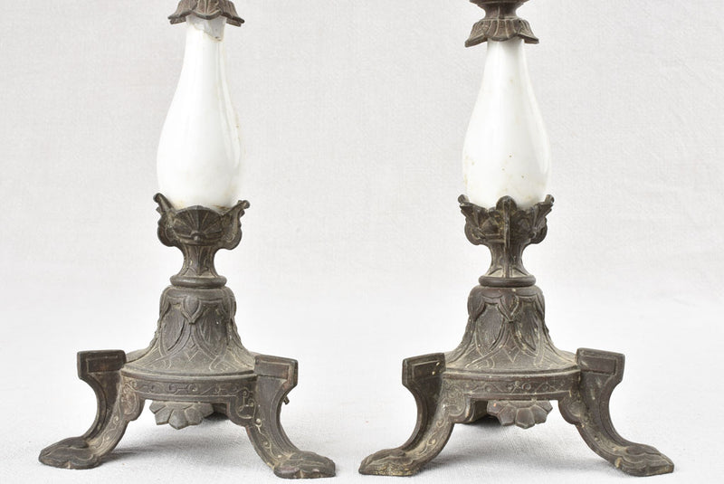 Pair of Napoleon III metal & porcelain candlesticks 11"