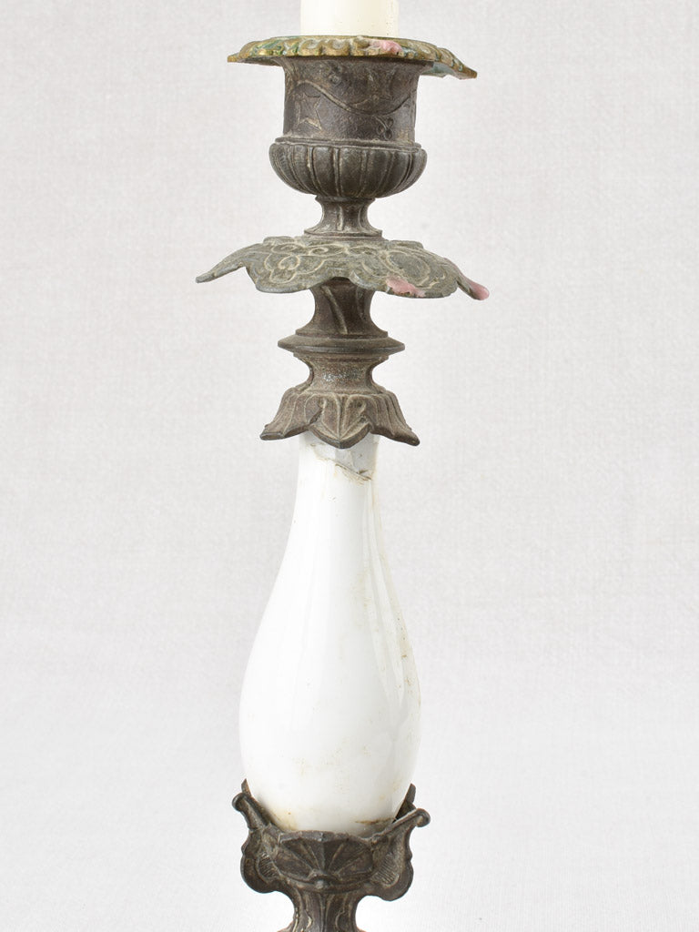 Pair of Napoleon III metal & porcelain candlesticks 11"