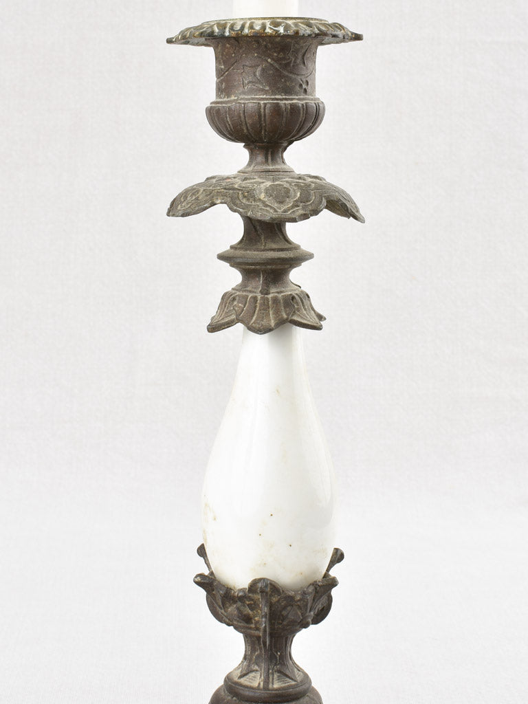 Pair of Napoleon III metal & porcelain candlesticks 11"