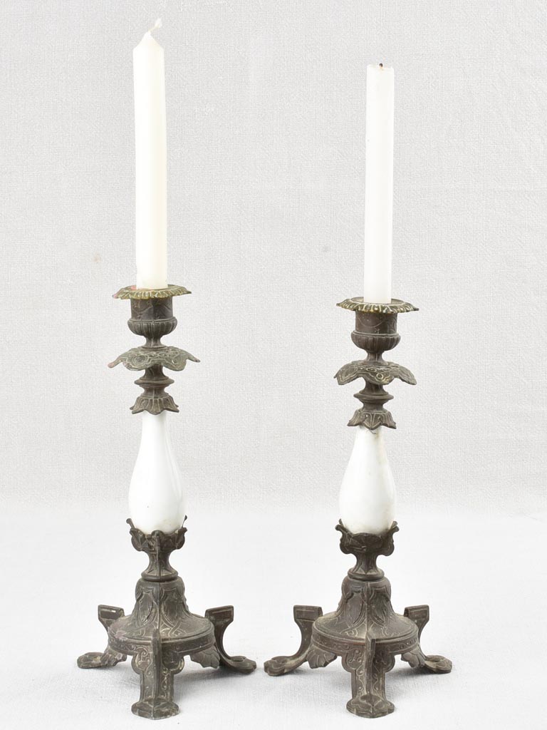 Pair of Napoleon III metal & porcelain candlesticks 11"