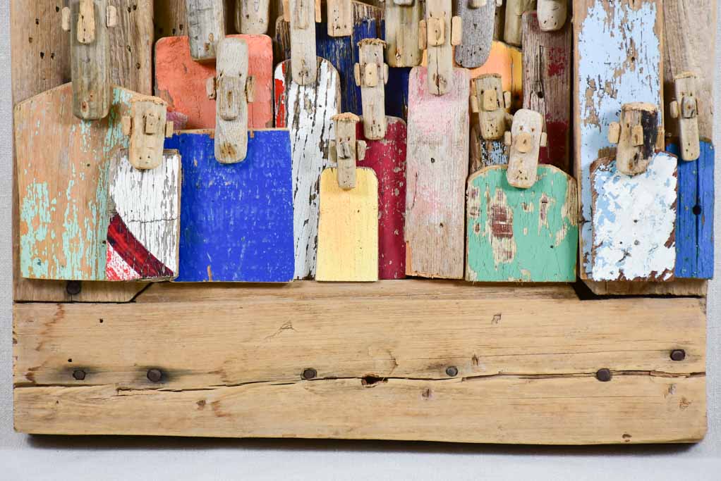 Framed driftwood totem sculpture by JP Dreano - 19 characters