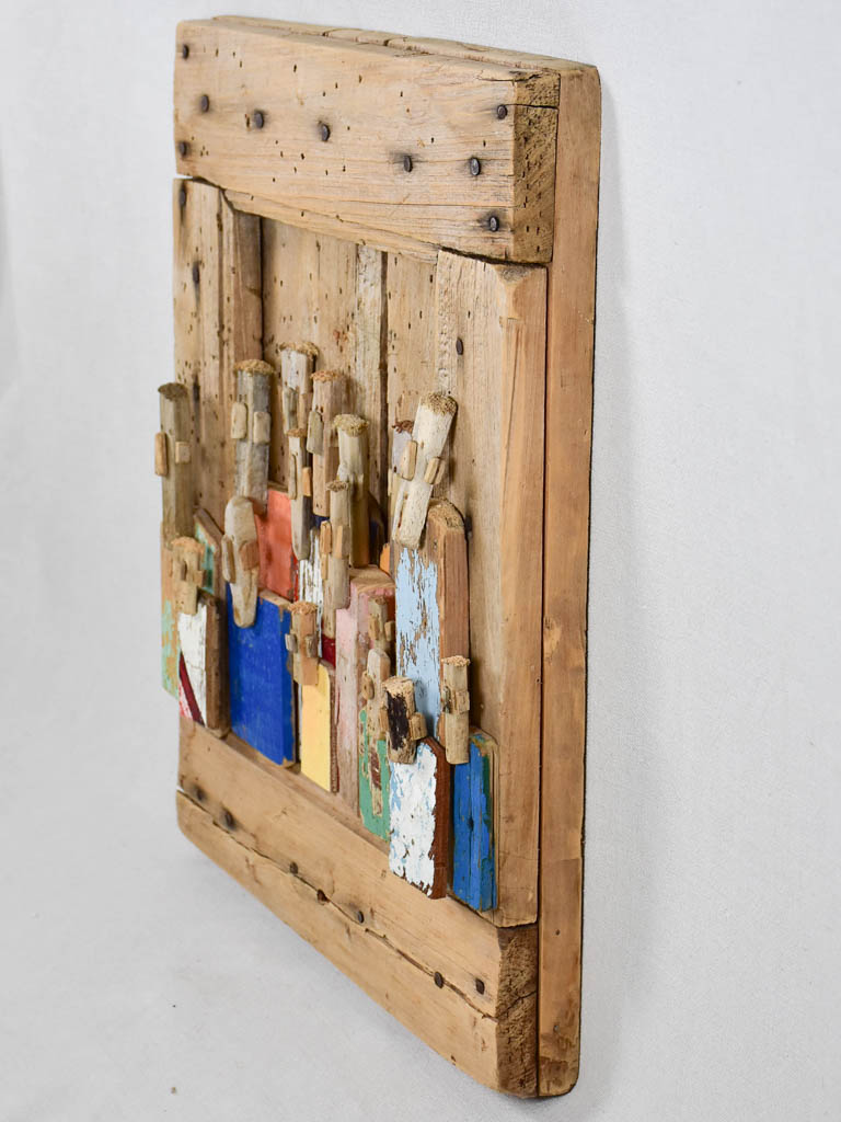 Framed driftwood totem sculpture by JP Dreano - 19 characters