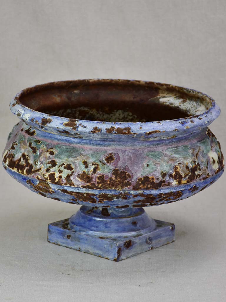 Superb 19th century enamelled cast iron planter vase with blue violet glaze