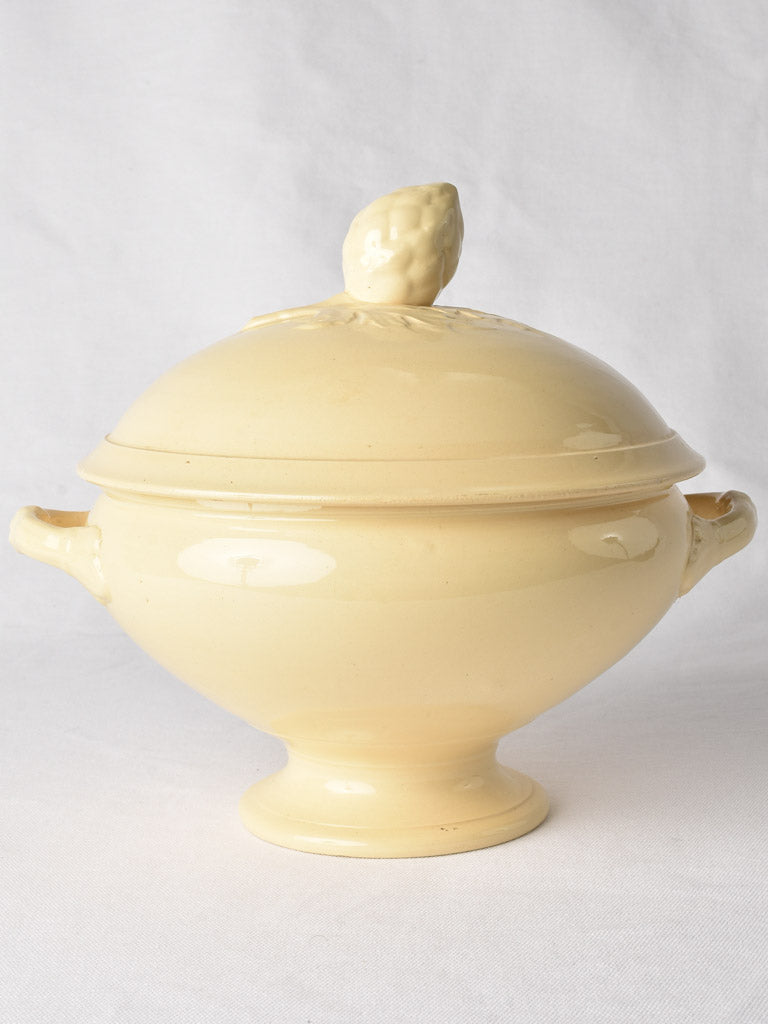 Antique French soup tureen with pinecone lid - yellow ware