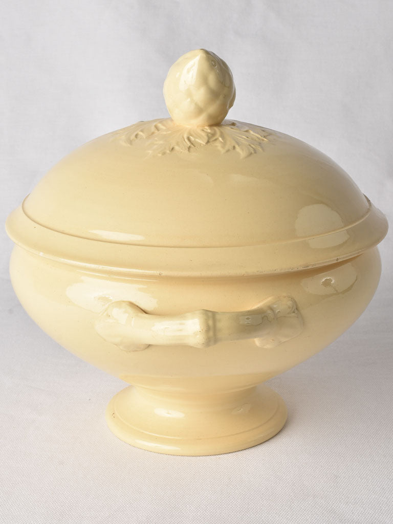 Antique French soup tureen with pinecone lid - yellow ware