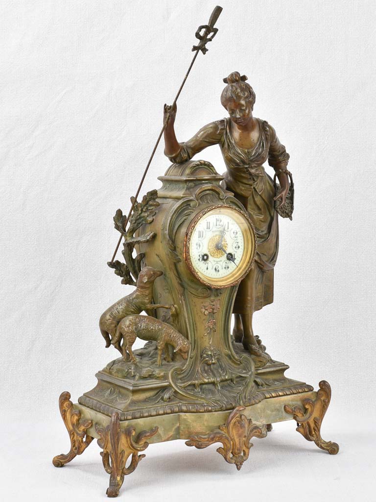 Mantel clock with woman and lambs, 19th-century