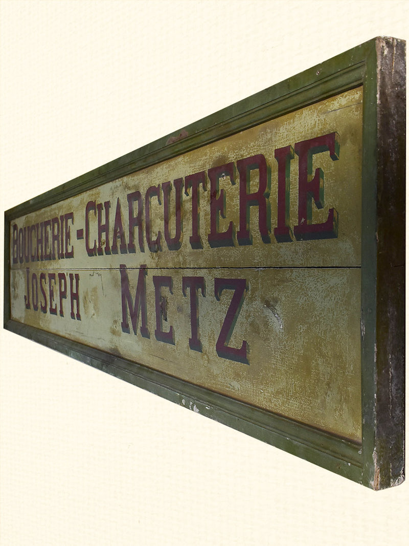 Large antique French wooden sign from a butcher's shop in Metz 21¾" x 97¾"