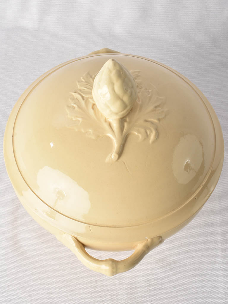 Antique French soup tureen with pinecone lid - yellow ware