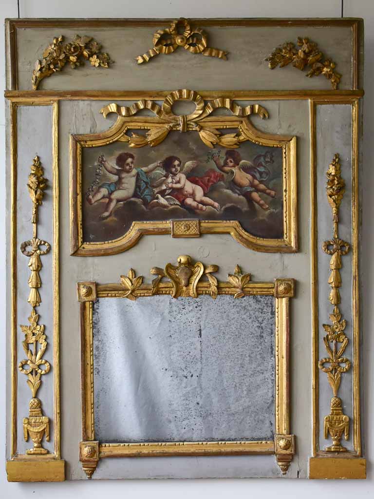 18th Century Louis XVI trumeau mirror with oil on canvas - cherubs 52¾" x 41¼"