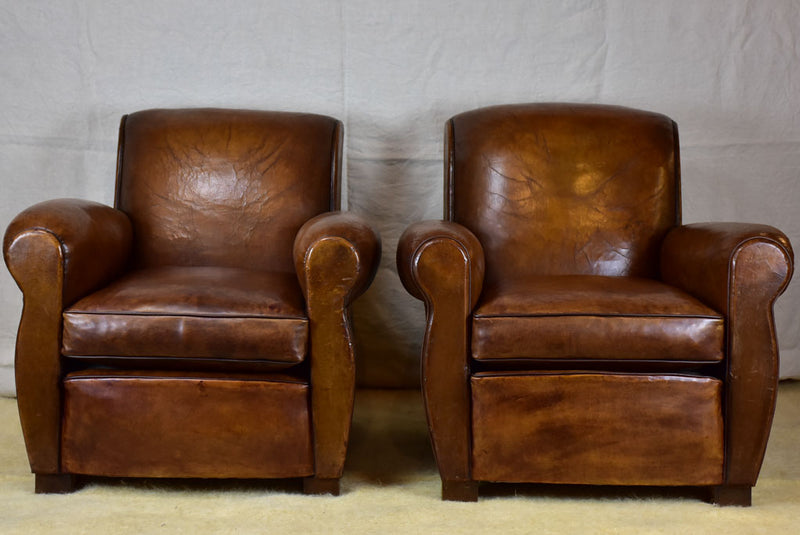 Pair of vintage French leather club chairs - 1960's