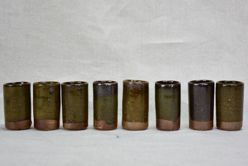 Set of 16 sandstone espresso / liqueur cups from La Borne with dark brown green and blue glaze 2¼"