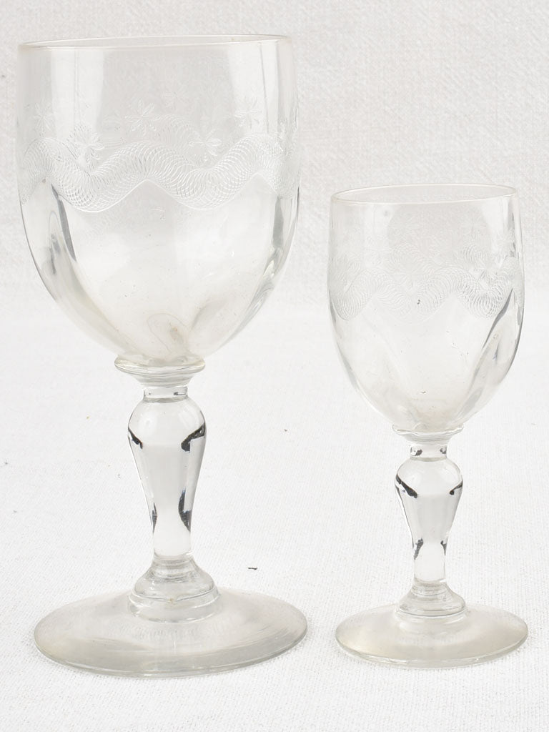 Set of 12 vintage engraved French wine glasses