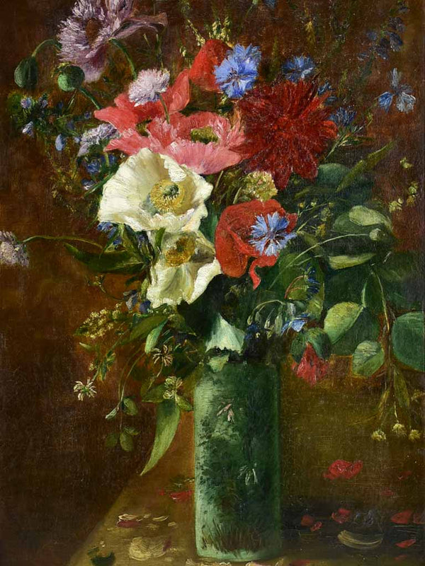 Antique French still life floral bouquet with poppies and cornflower blooms signed. Oil on canvas 16¼" x 25½"