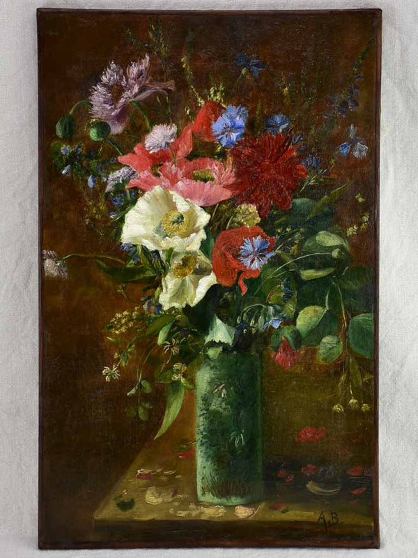 Antique French still life floral bouquet with poppies and cornflower blooms signed. Oil on canvas 16¼" x 25½"