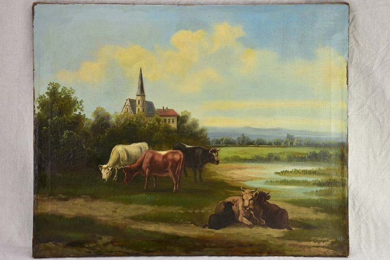 19th Century French landscape painting with cows in a field - Normandy 27¼" x 21¾"