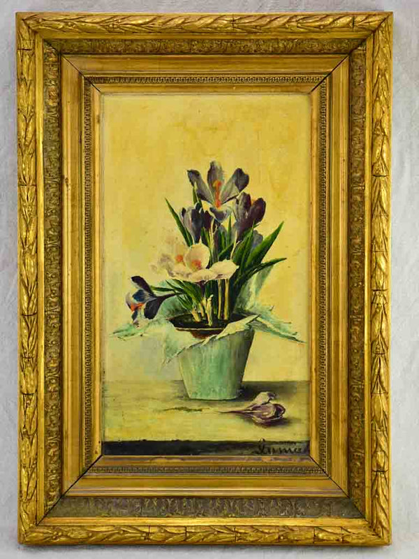 Antique French still life - crocus flowers in a pot. Oil on canvas, signed. 25¼ x 17¼""
