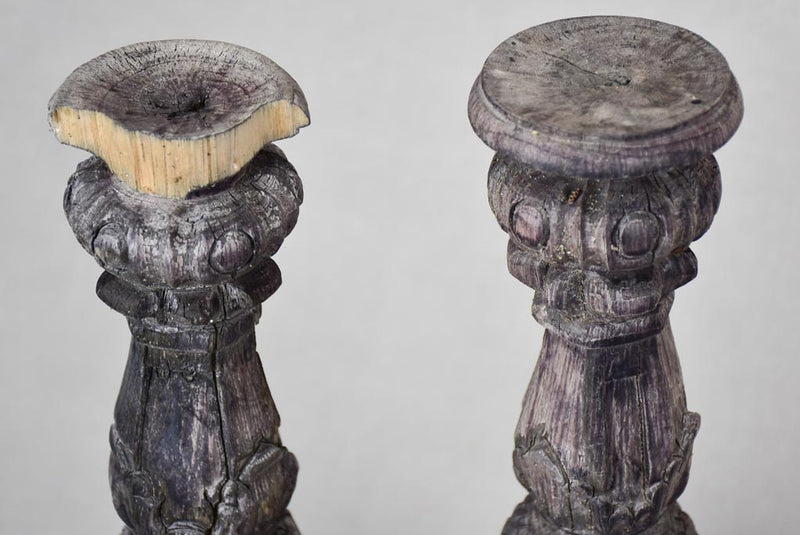Pair of rustic carved candlesticks with charcoal patina 15¾"