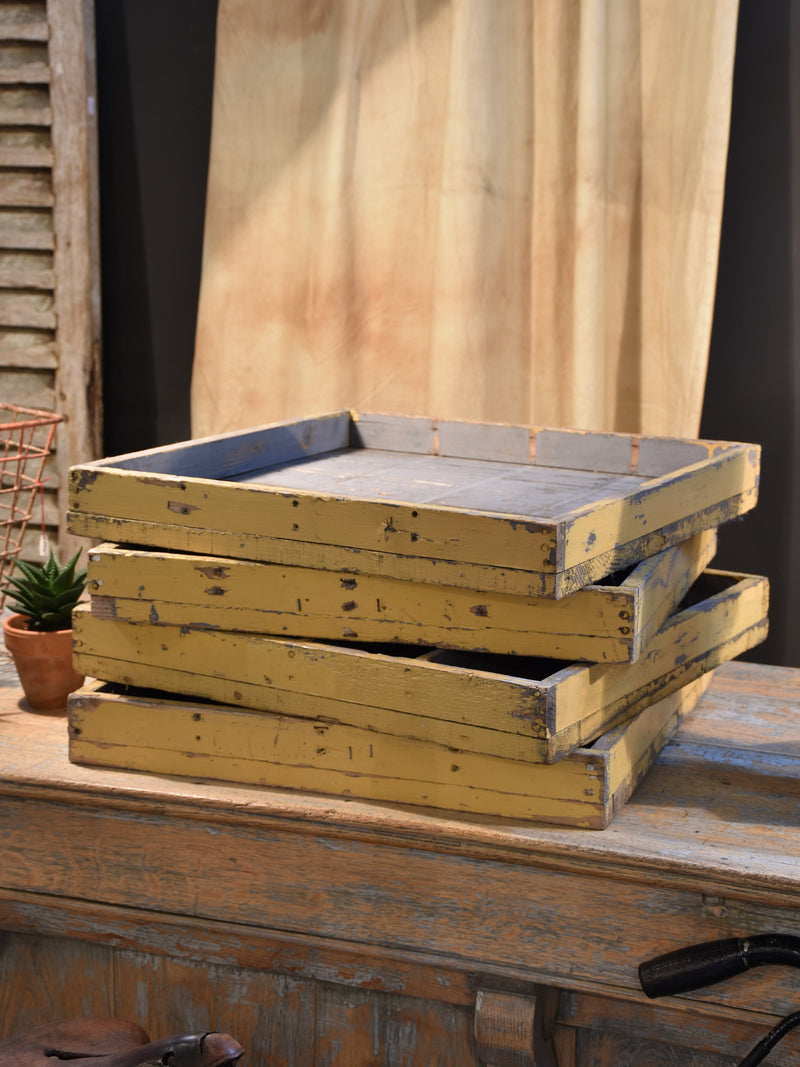 Four wooden French farm boxes