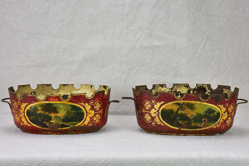 Pair of Directoire monteith glass chiller bowls in tole
