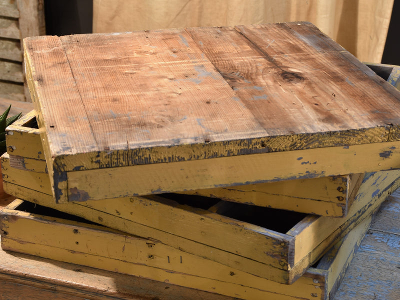 Four wooden French farm boxes