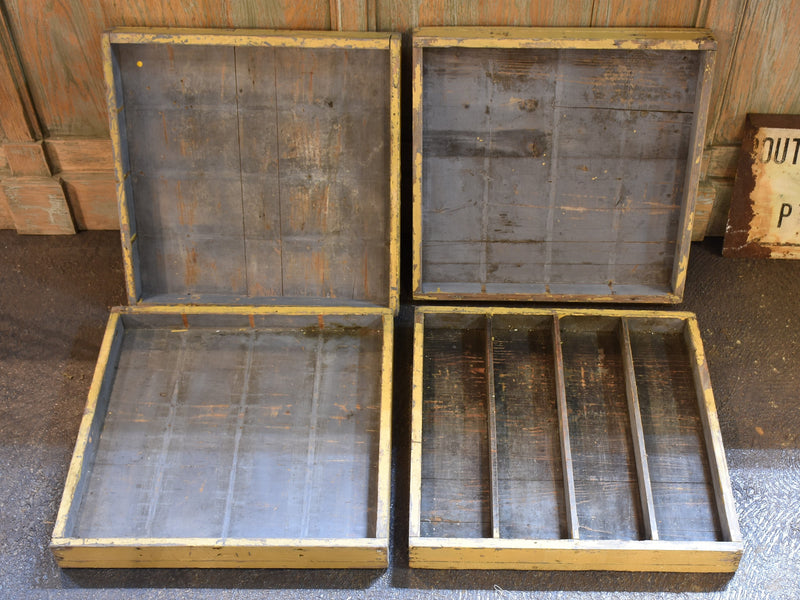 Four wooden French farm boxes