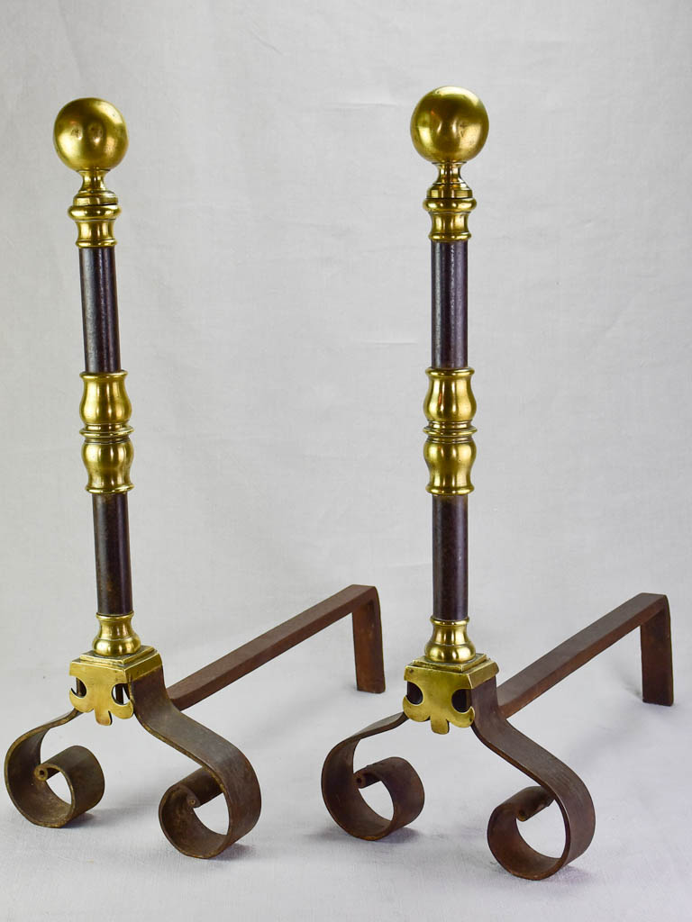 Pair of mid nineteenth-century French fire dogs andirons - brass and bronze 25¼"