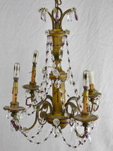 1940's French chandelier with four lights. Clear and violet pendants. 19¼" x 18"
